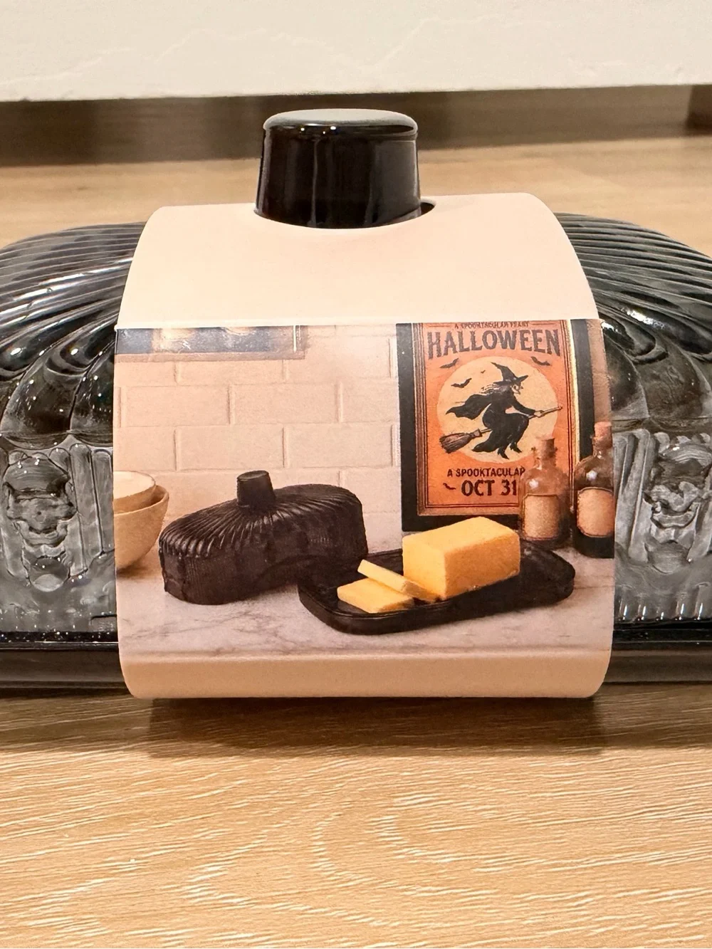 CWC Halloween skulls and bats clear black Glass Butter Dish